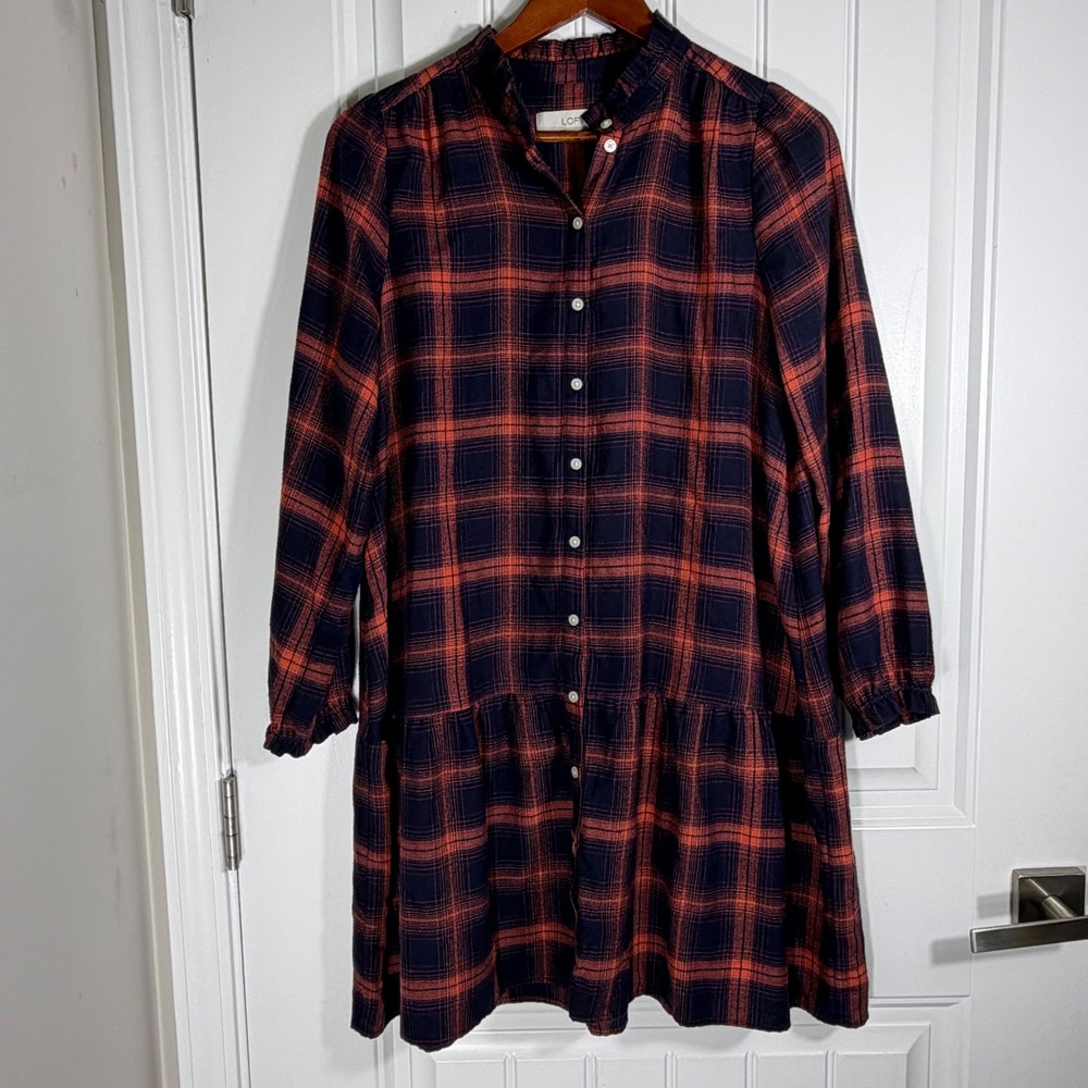 Loft Plaid Button Down Ruffle Neck Tiered Mini Dress Navy Orange Small